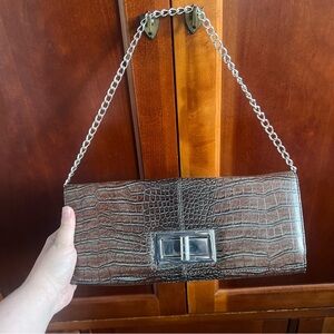 Lulu Townsend Brown Crocodile Print Clutch Shoulder Purse with Silver Chain Bag